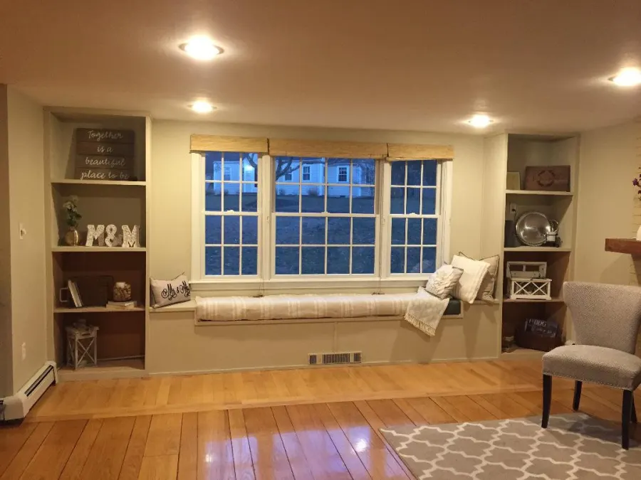 Window seat with built-in shelving